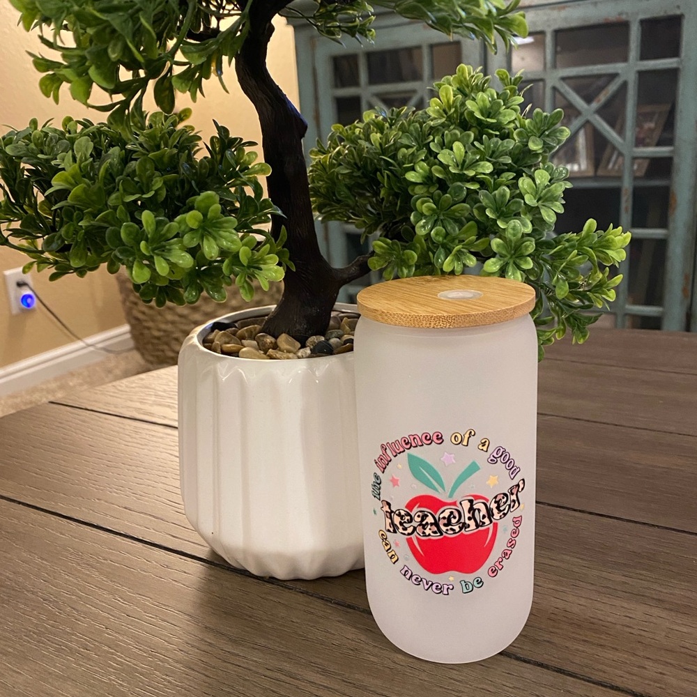 16oz handmade frosted tumbler with bamboo lid & straw. Waterproof.